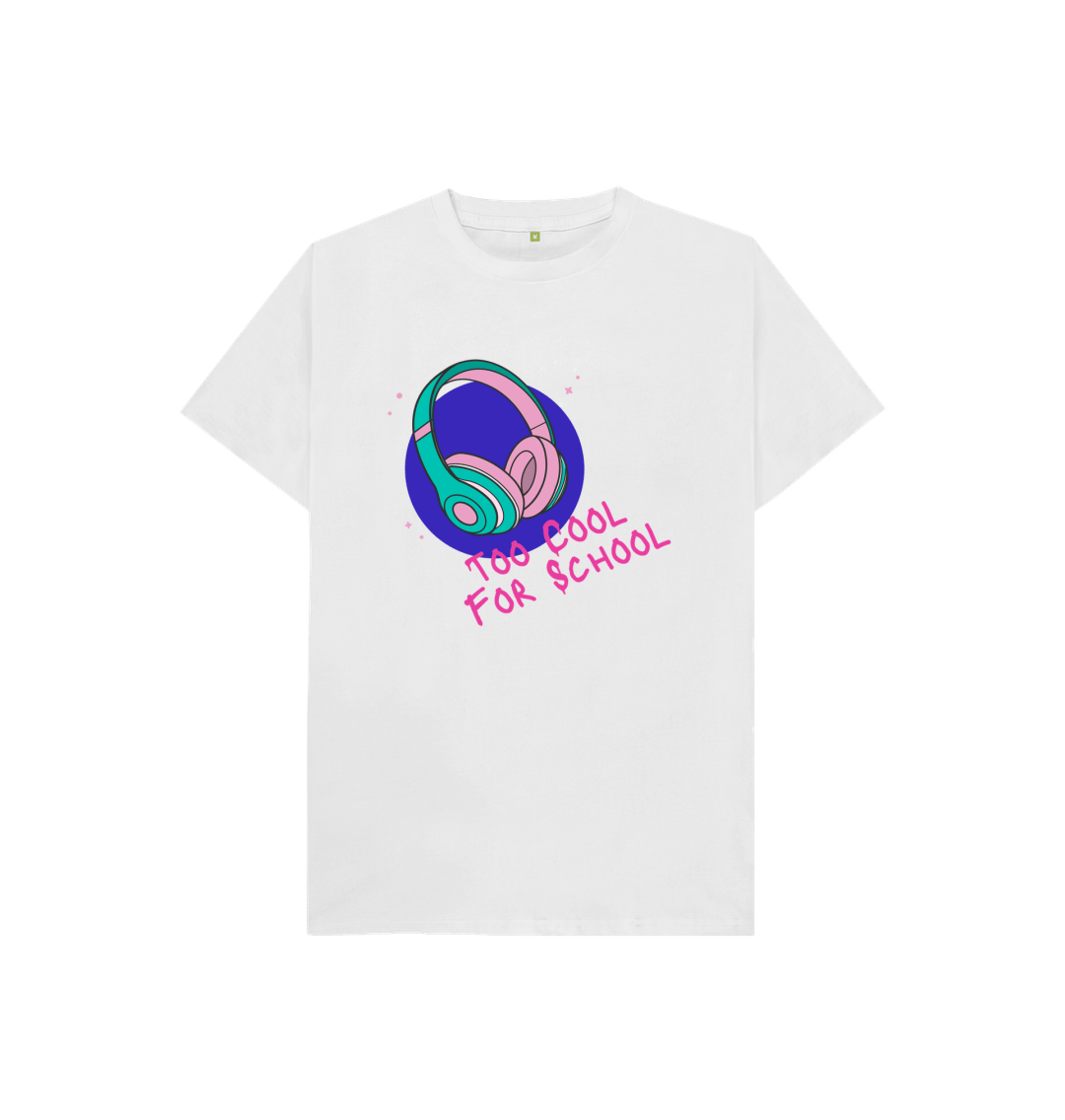 White t-shirt with headphones and text