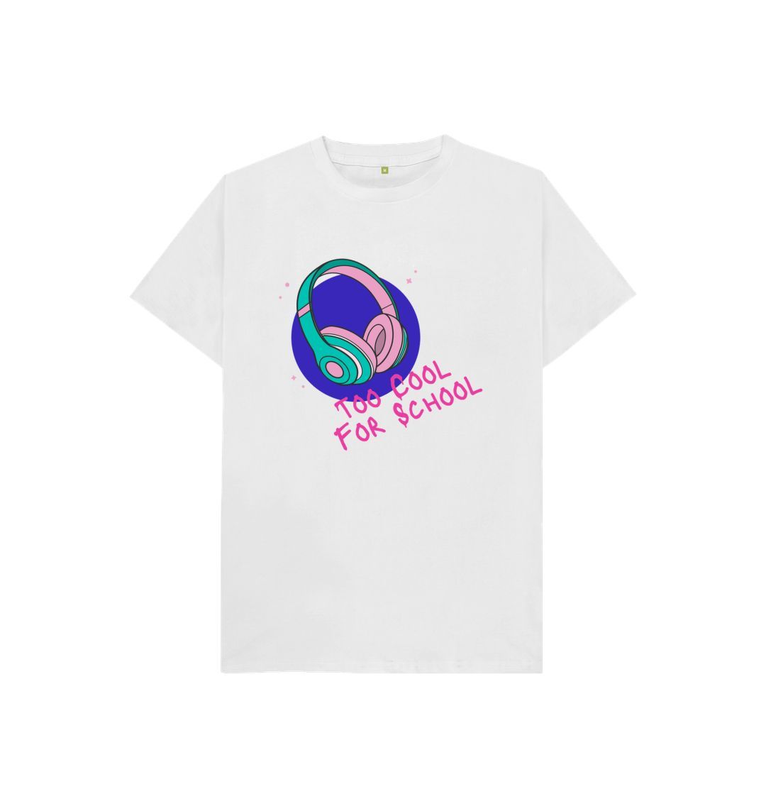 White t-shirt with headphones graphic and text