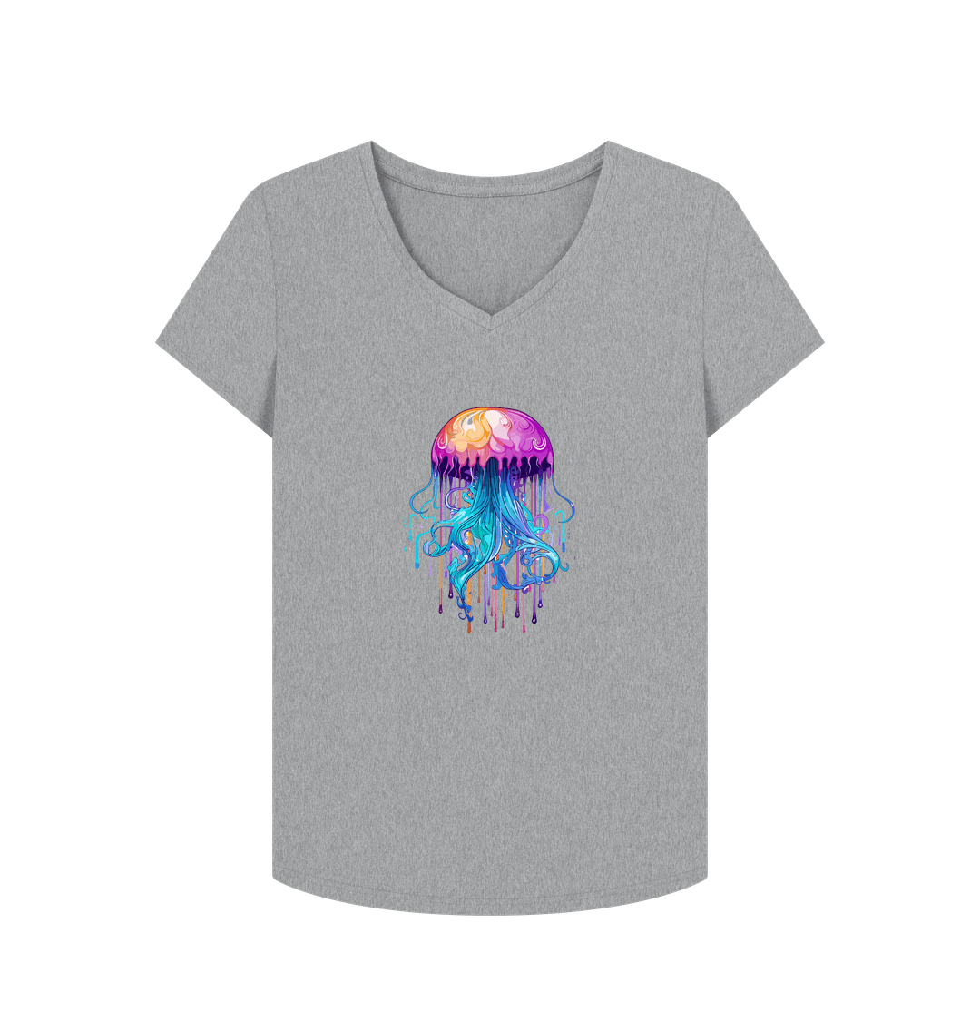 Gray V-neck t-shirt with jellyfish graphic