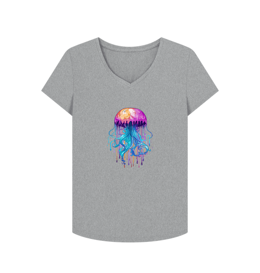 Gray V-neck t-shirt with jellyfish graphic
