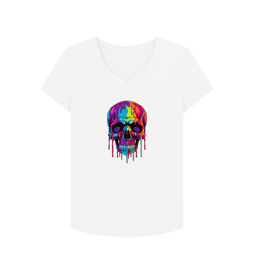 White V-neck t-shirt with colorful skull design