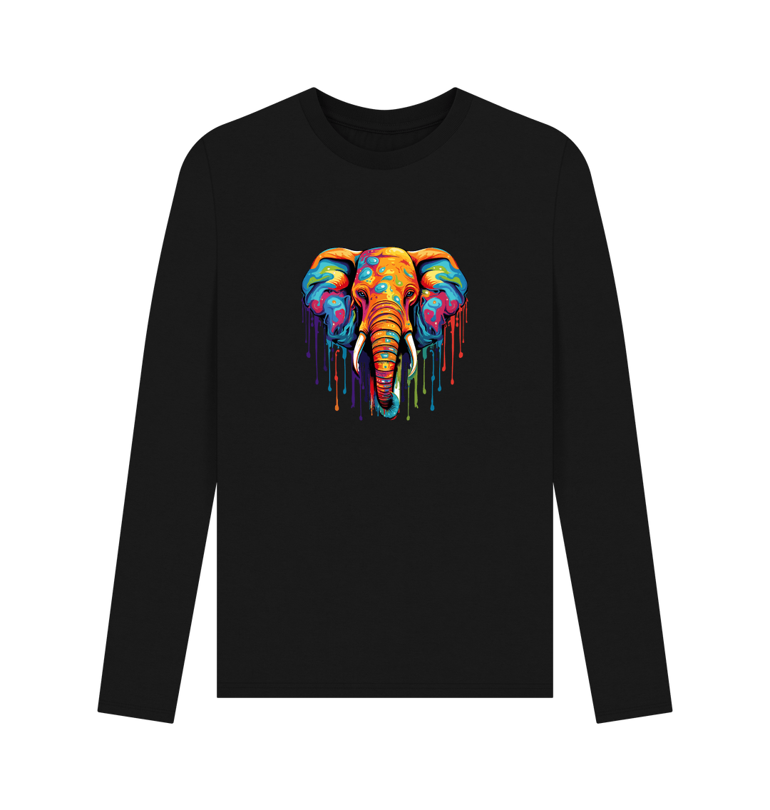 Colorful elephant graphic on black long-sleeve shirt