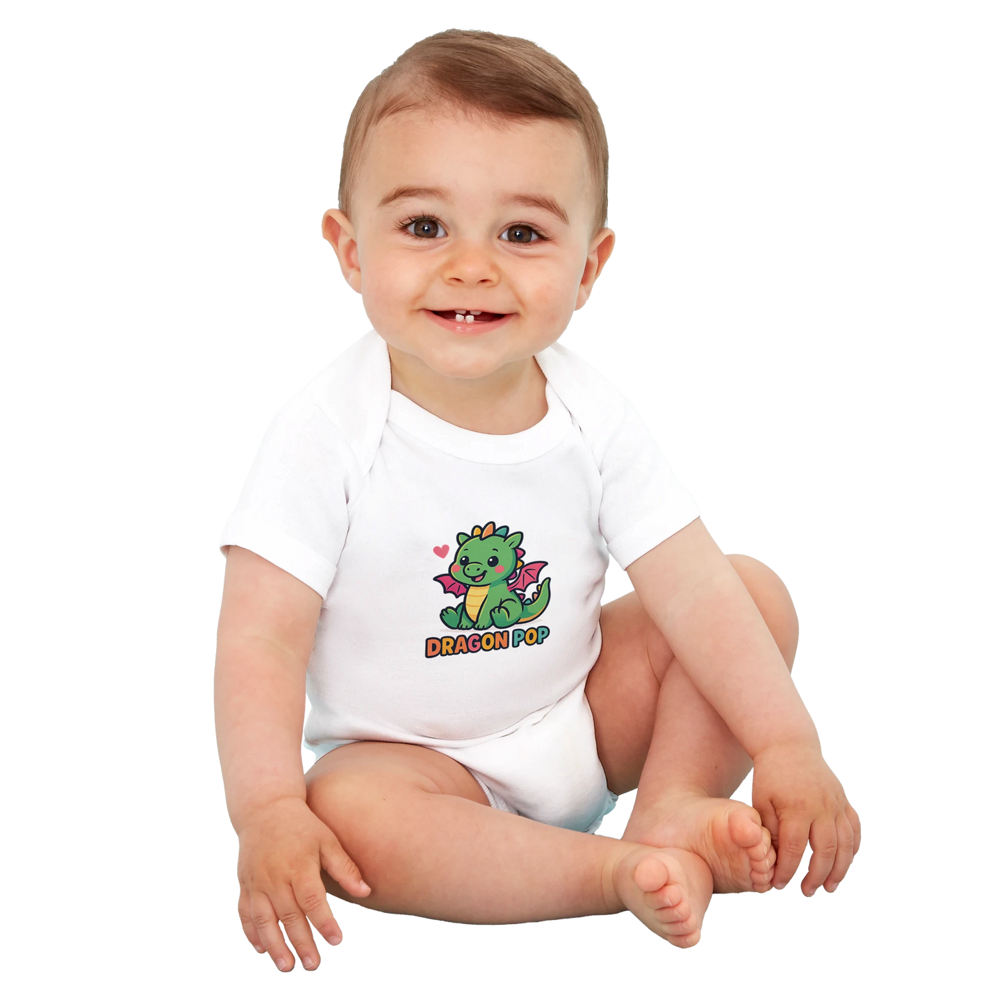 Baby onesie with "Dragon Pop" design (person)