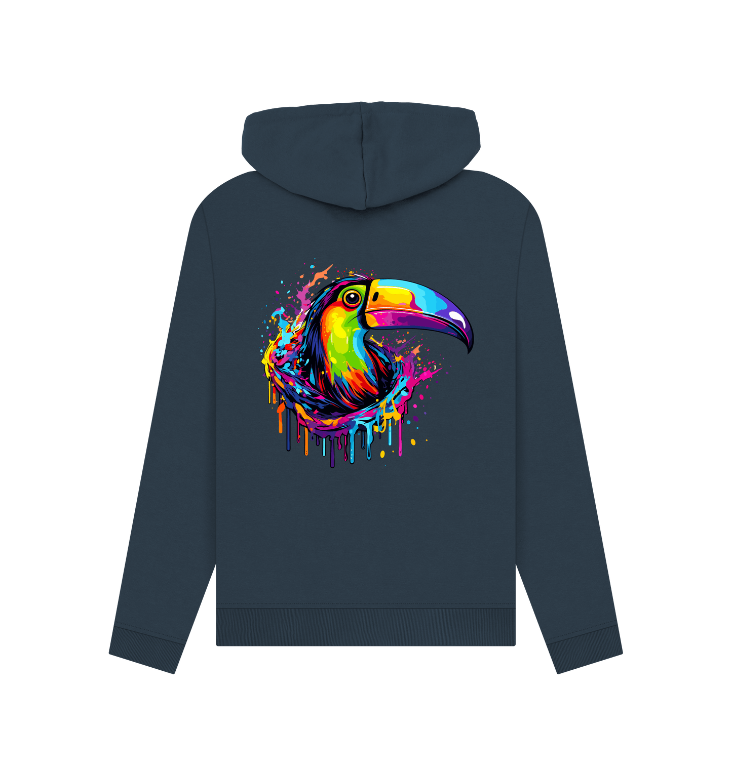 Colorful toucan hoodie with vibrant paint splatter design