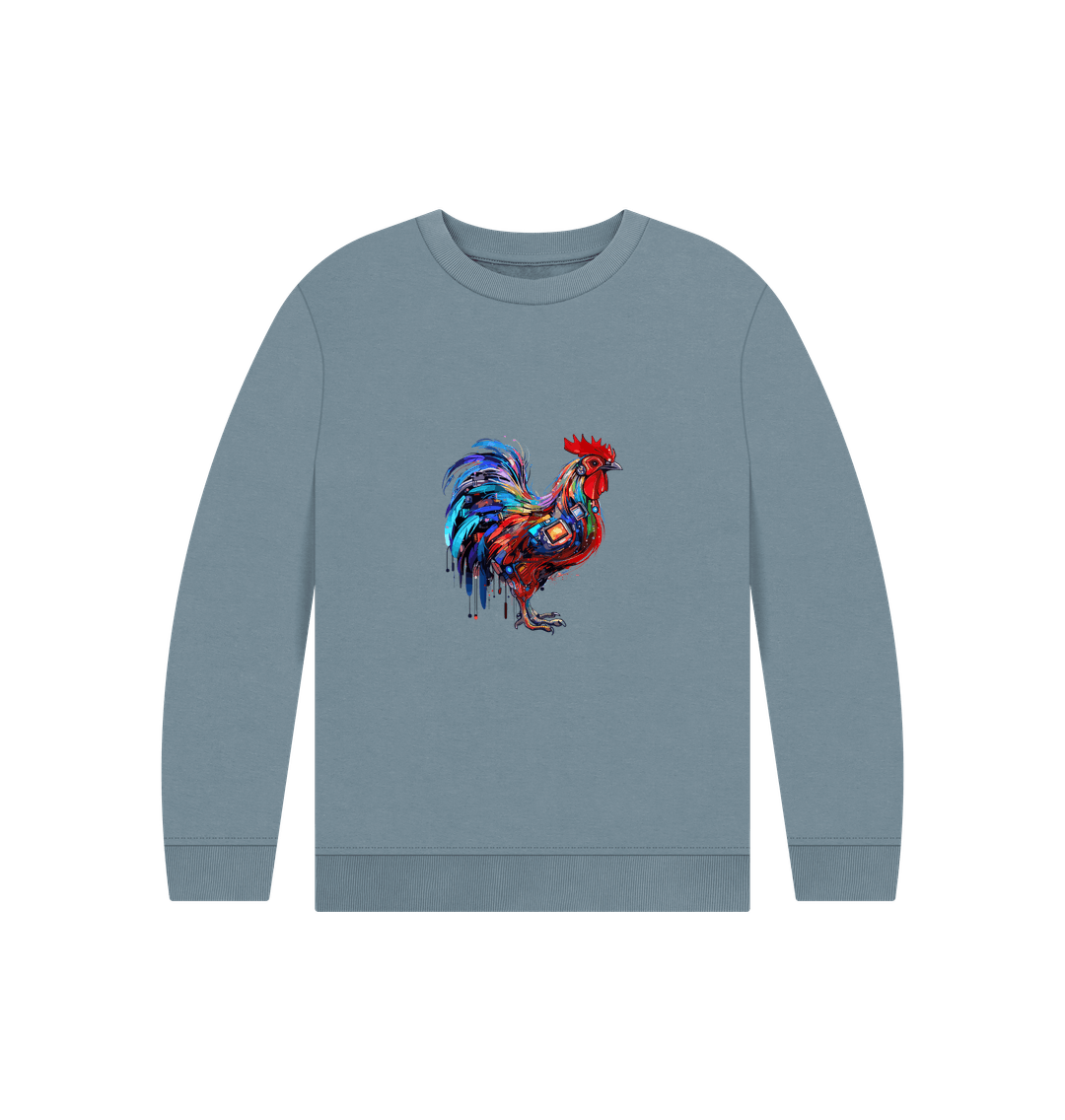 Blue sweatshirt with colorful rooster design