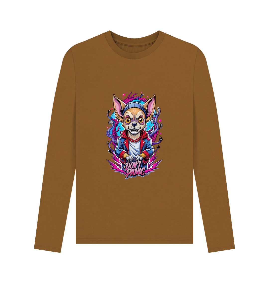 Brown long-sleeved t-shirt with colorful dog graphic