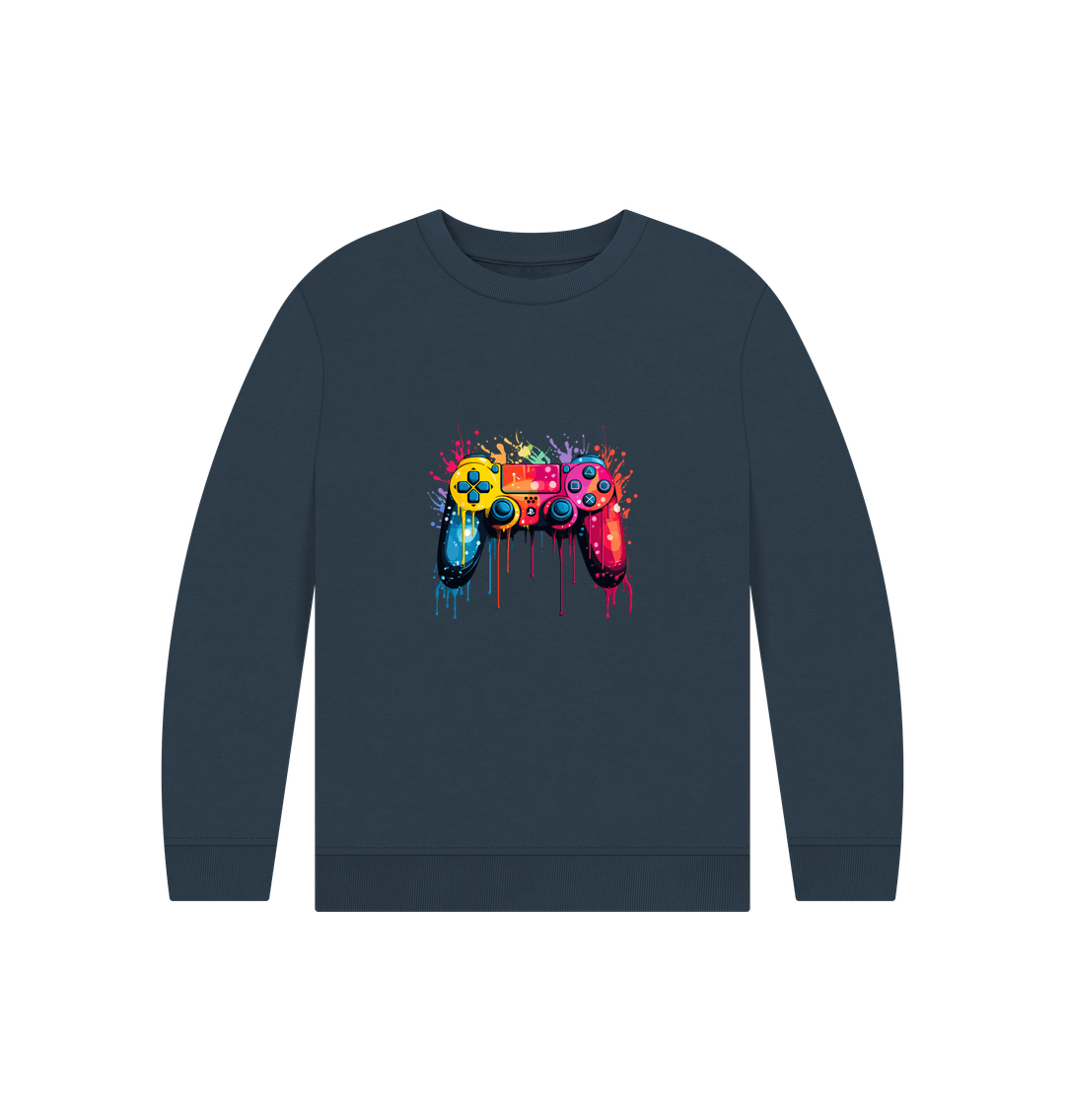 Colorful game controller sweatshirt with paint splatter design
