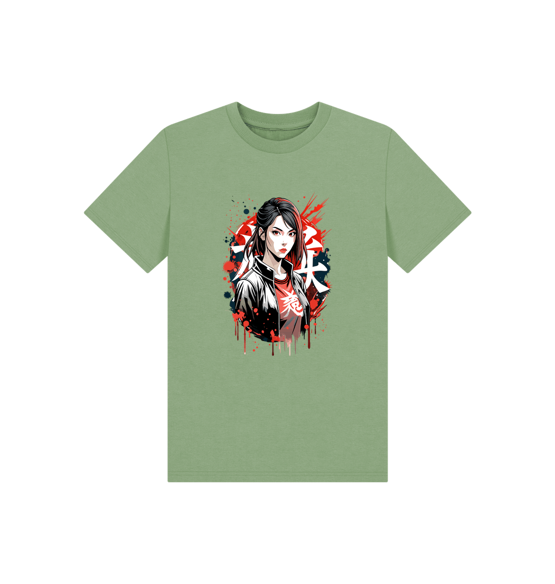 Green t-shirt with anime-style girl graphic