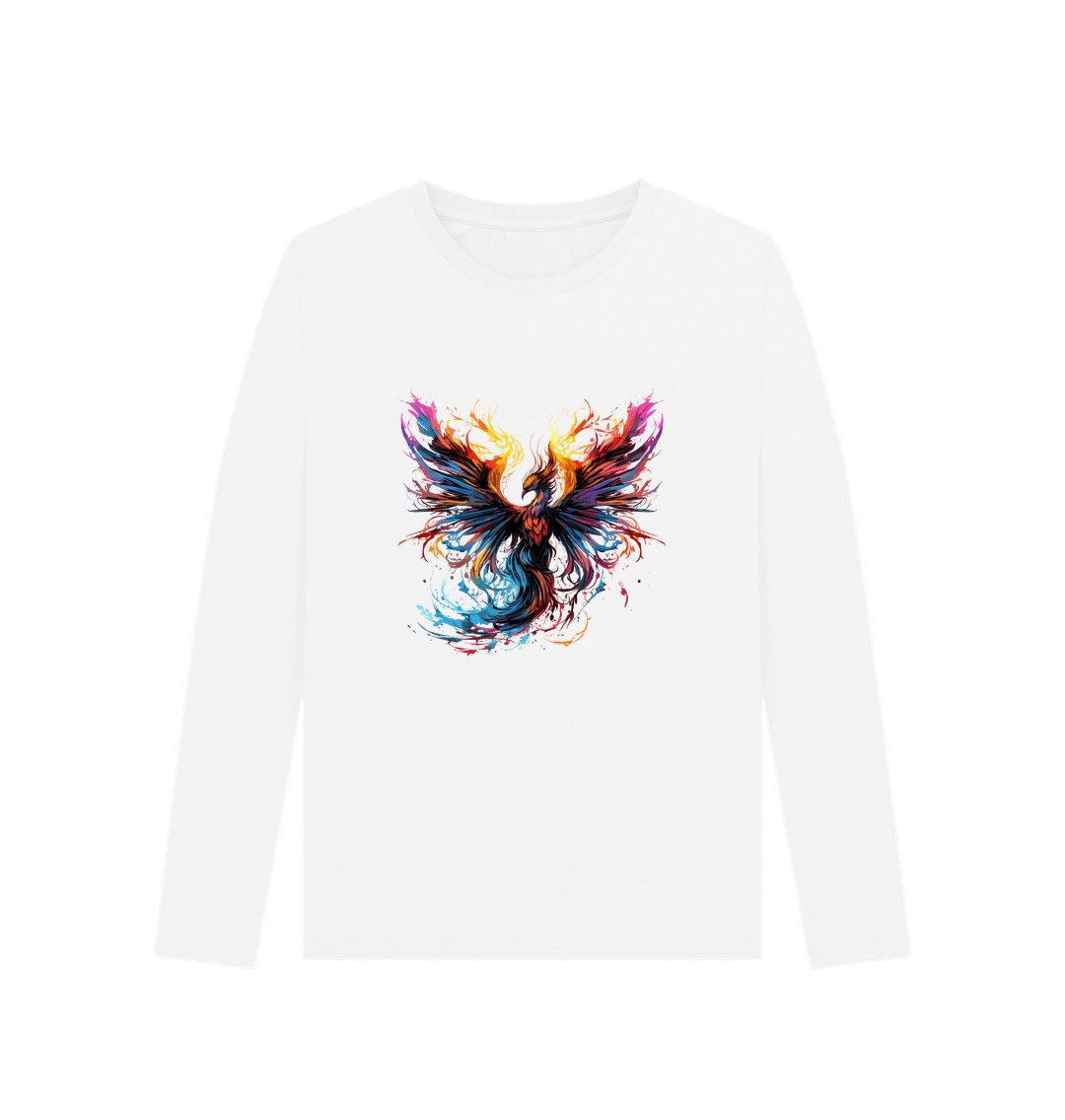 White long-sleeved t-shirt with colorful phoenix design