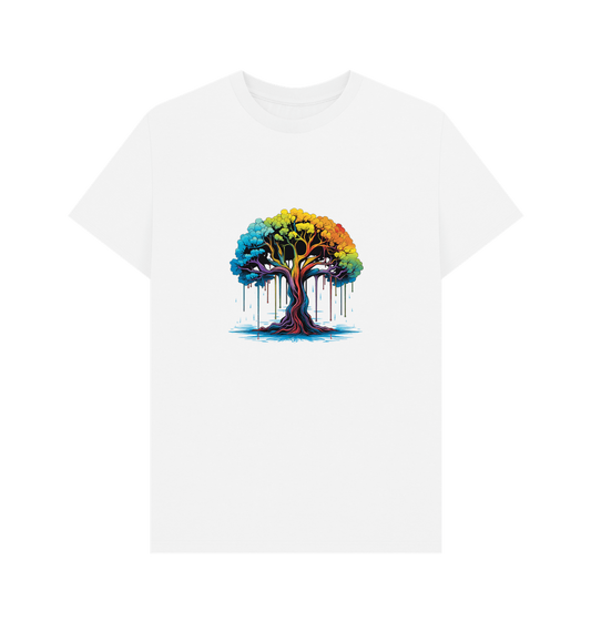 White t-shirt with colorful dripping tree design