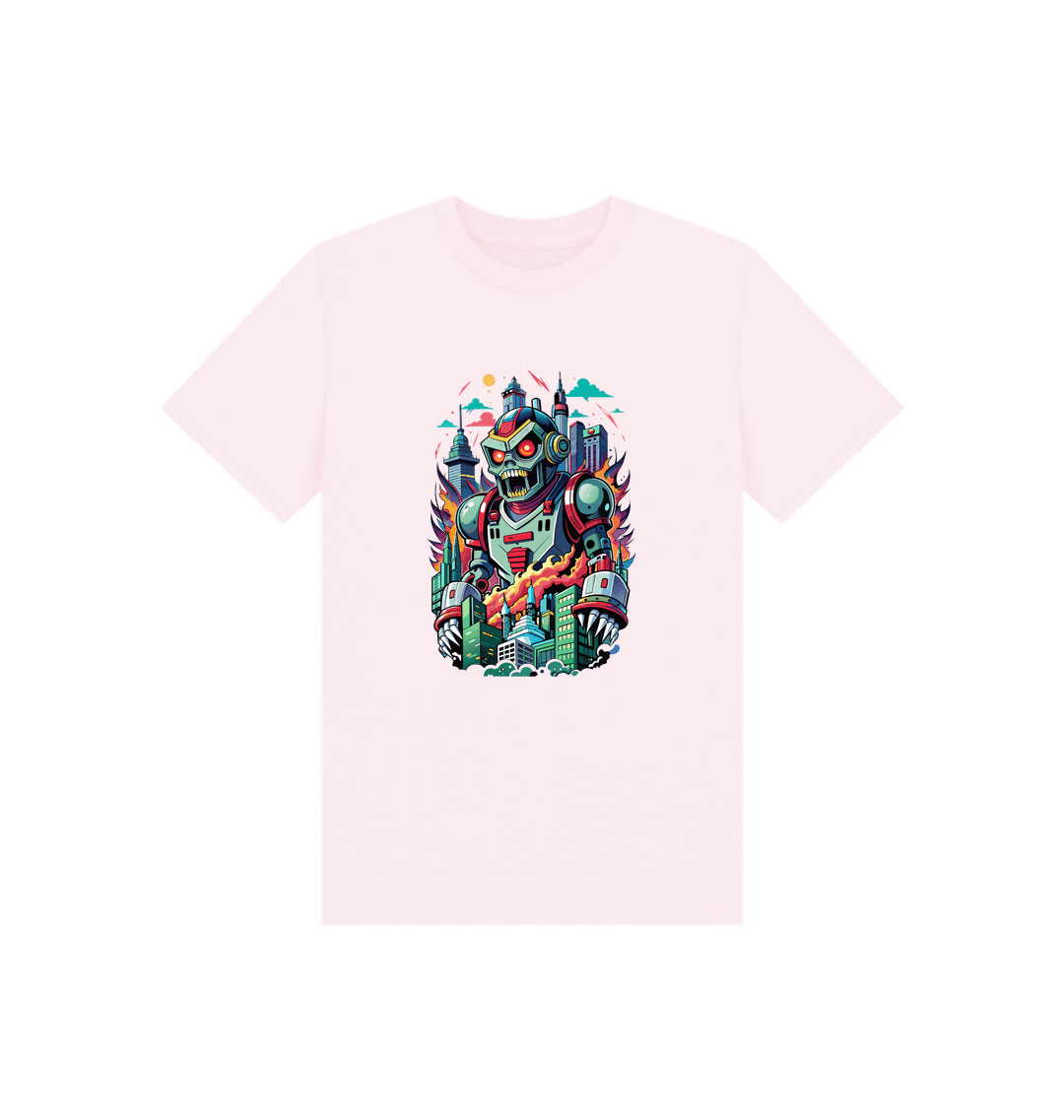 Robot-themed t-shirt with cityscape design