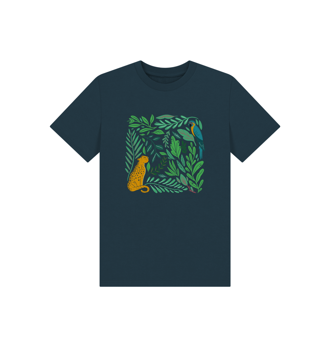 Dark blue t-shirt with jungle-themed design