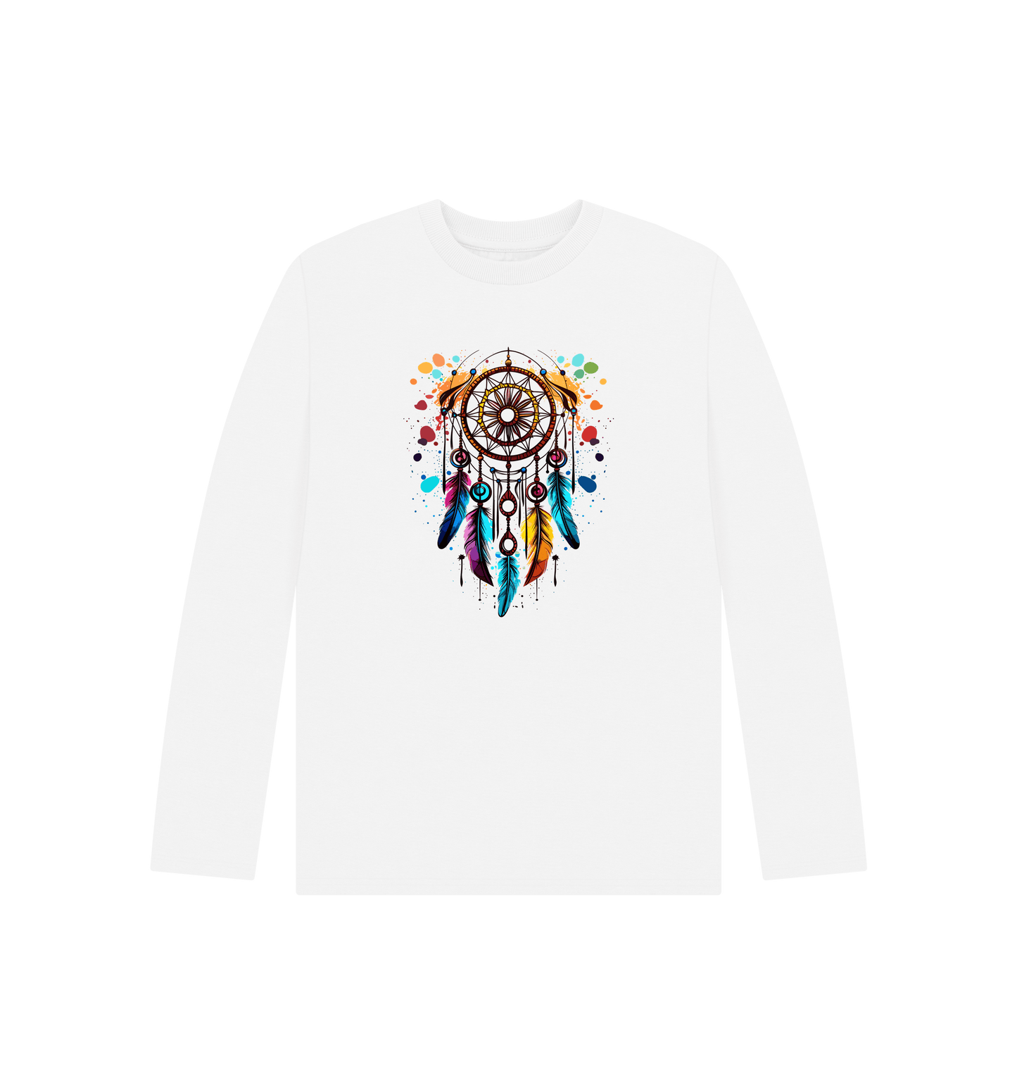 White long-sleeved t-shirt with dreamcatcher design