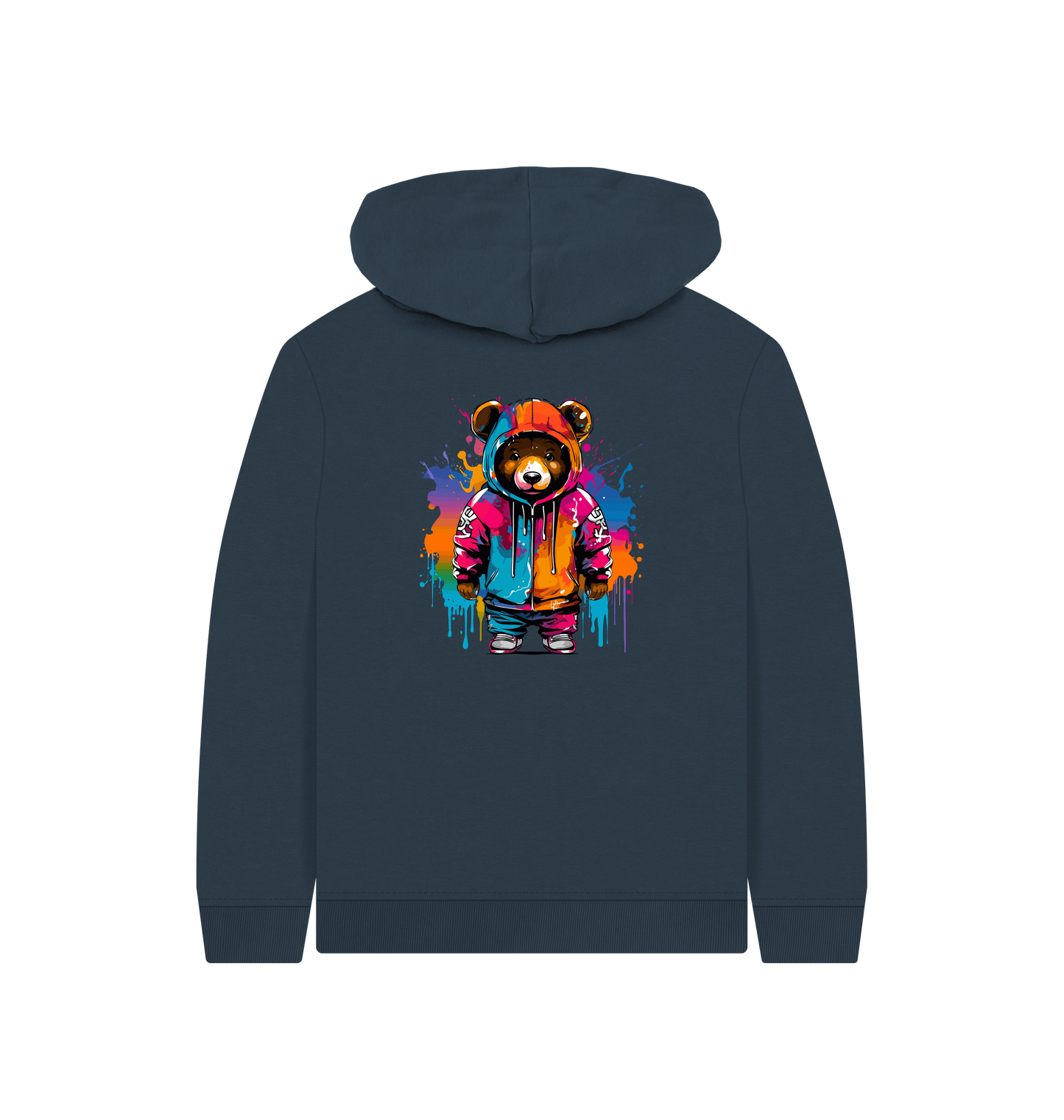 Colorful bear hoodie with paint splatter design