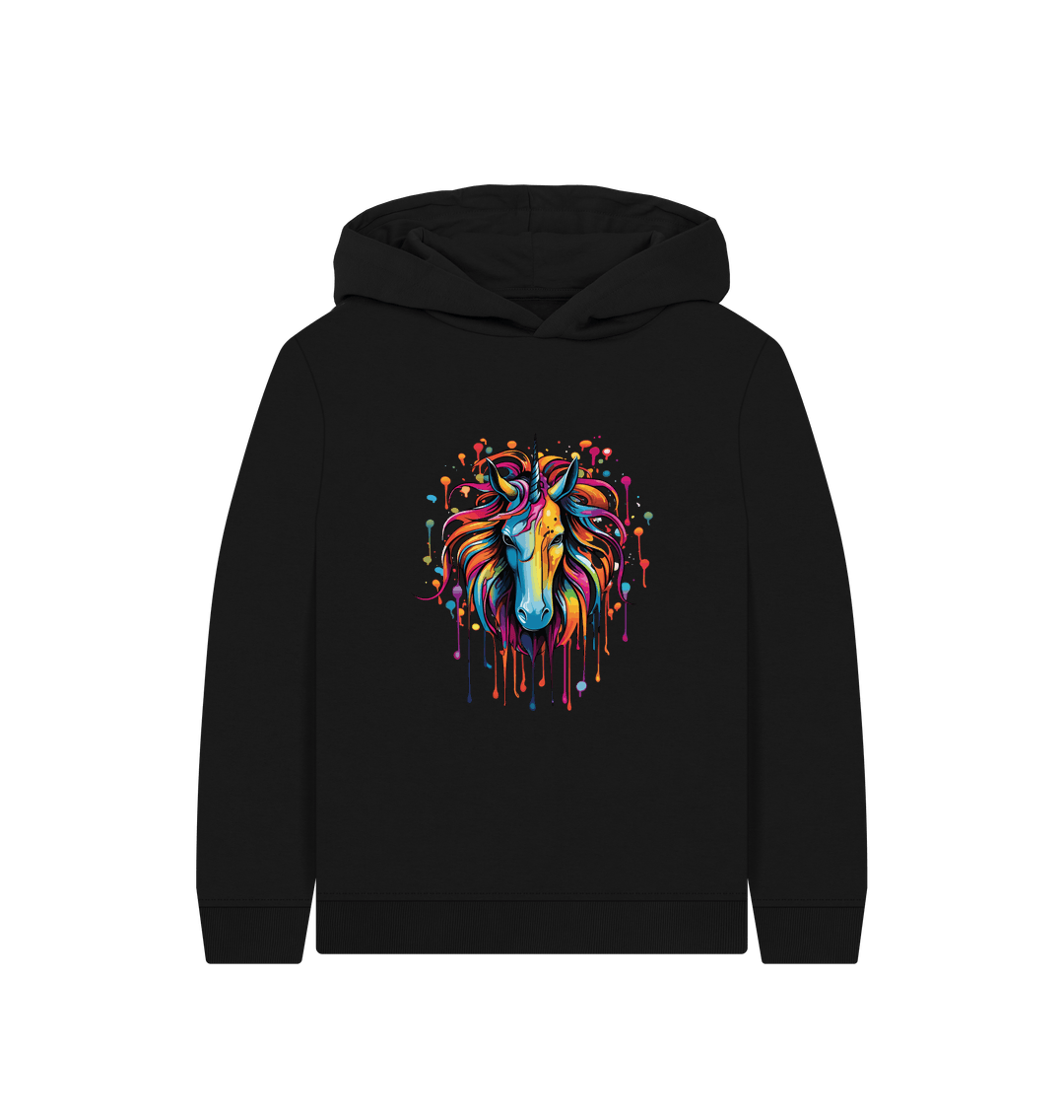 Black hoodie with colorful unicorn design