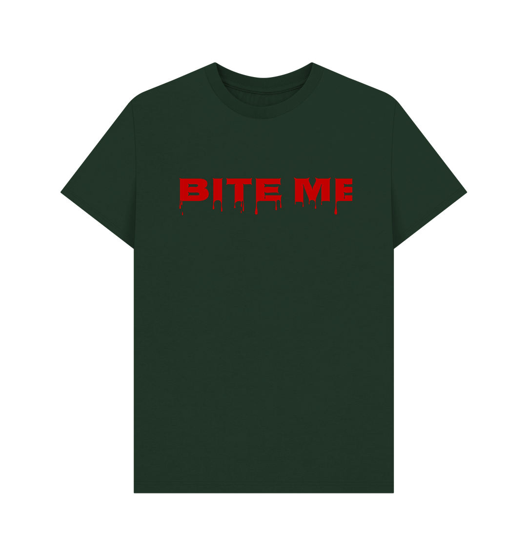 Dark green t-shirt with red dripping text