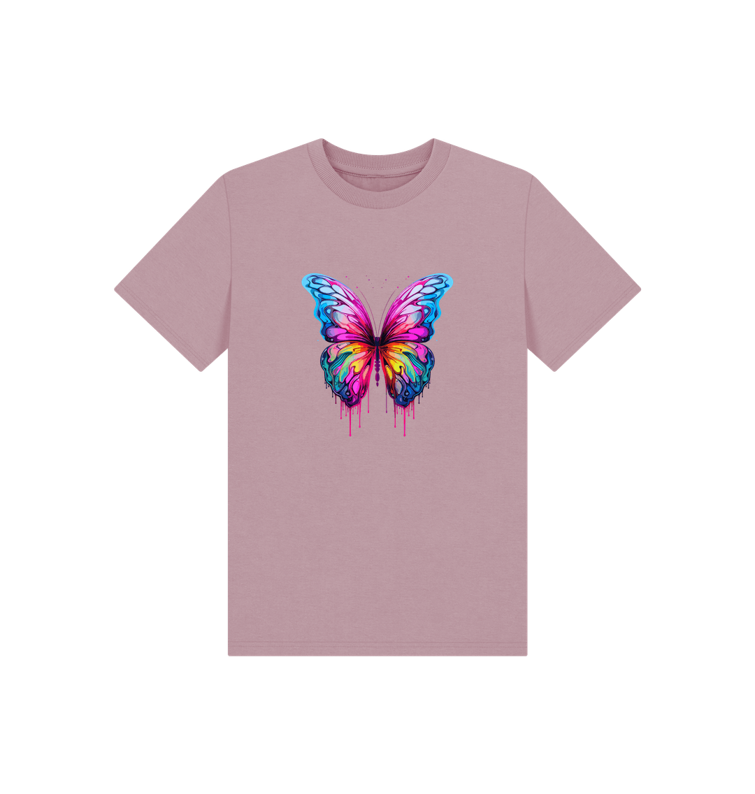 Pink t-shirt with colorful butterfly design