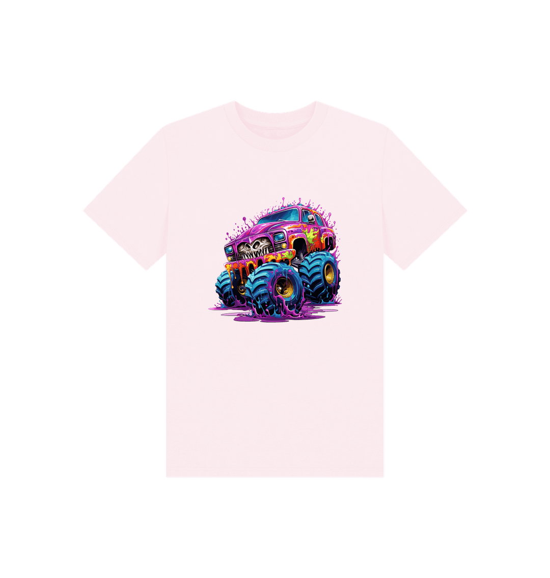 White t-shirt with colorful monster truck graphic