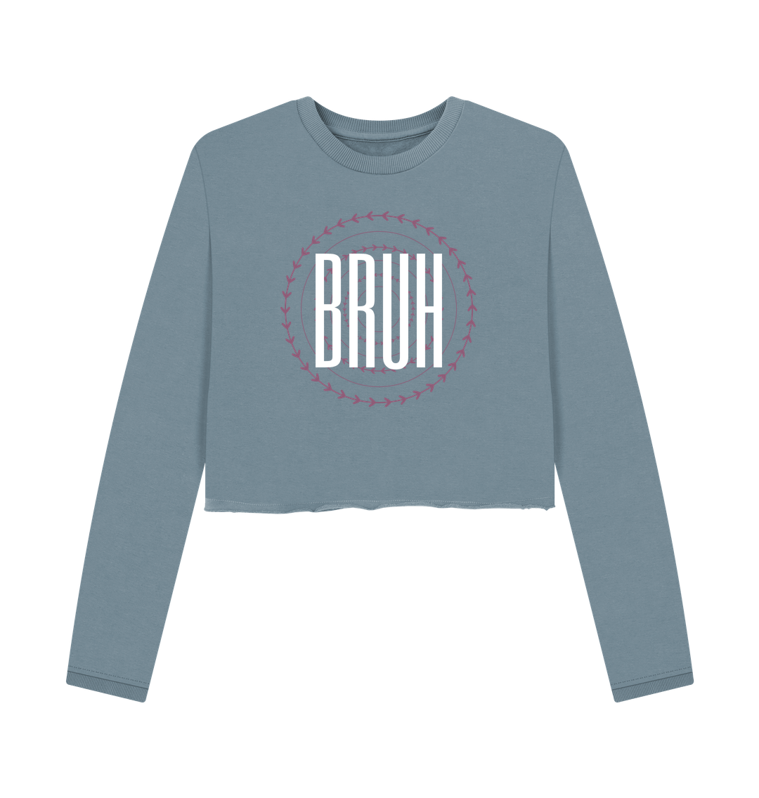 Light blue cropped sweatshirt with "BRUH" logo