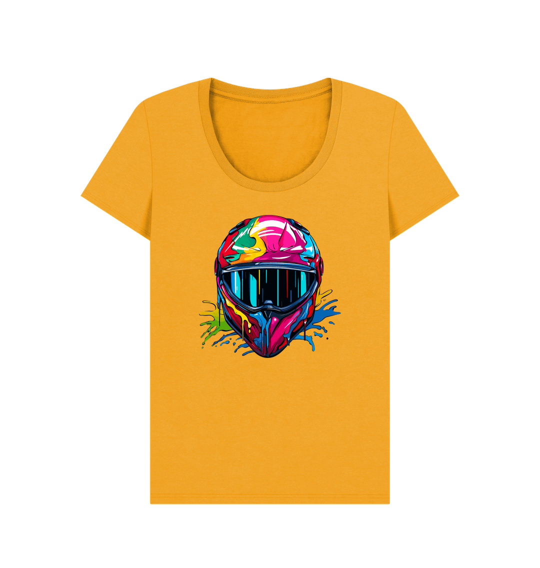 Yellow t-shirt with colorful motorcycle helmet graphic