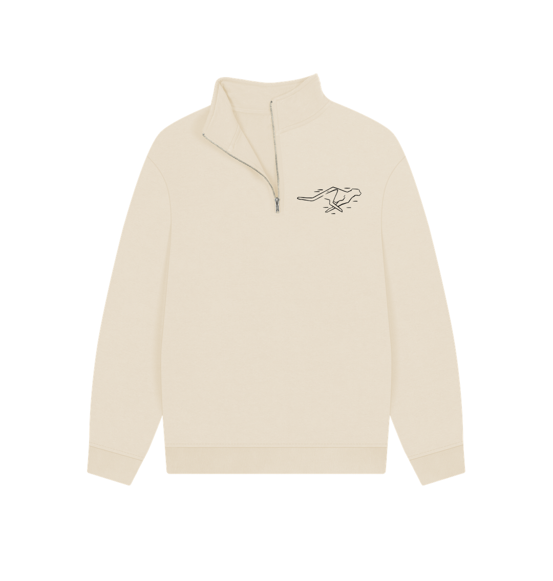 Cream-colored quarter-zip sweatshirt with small embroidered design