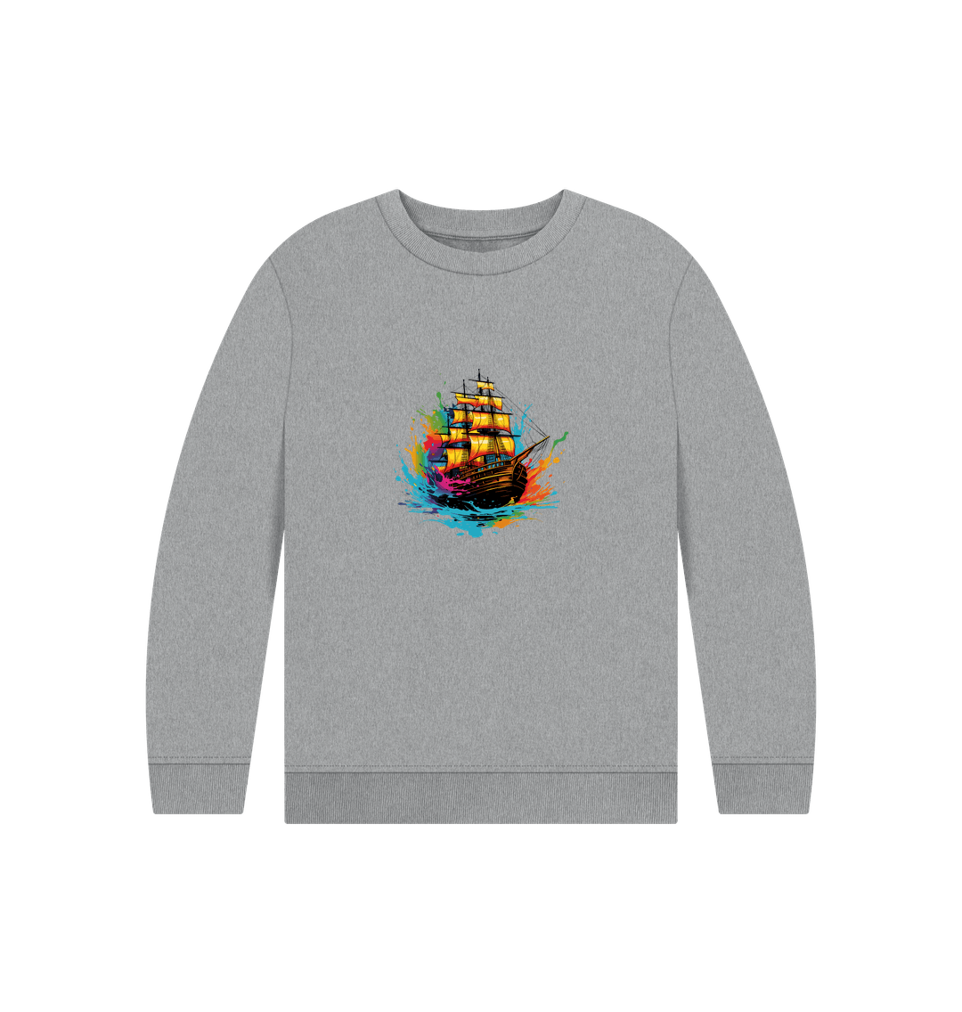 Gray sweatshirt with colorful ship design