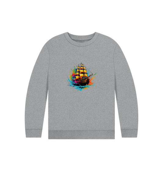 Gray sweatshirt with colorful ship design