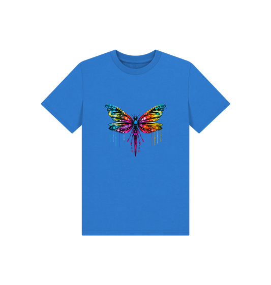 Blue t-shirt with colorful butterfly design