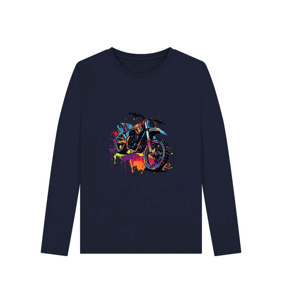 Navy blue long-sleeved t-shirt with colorful motorcycle graphic