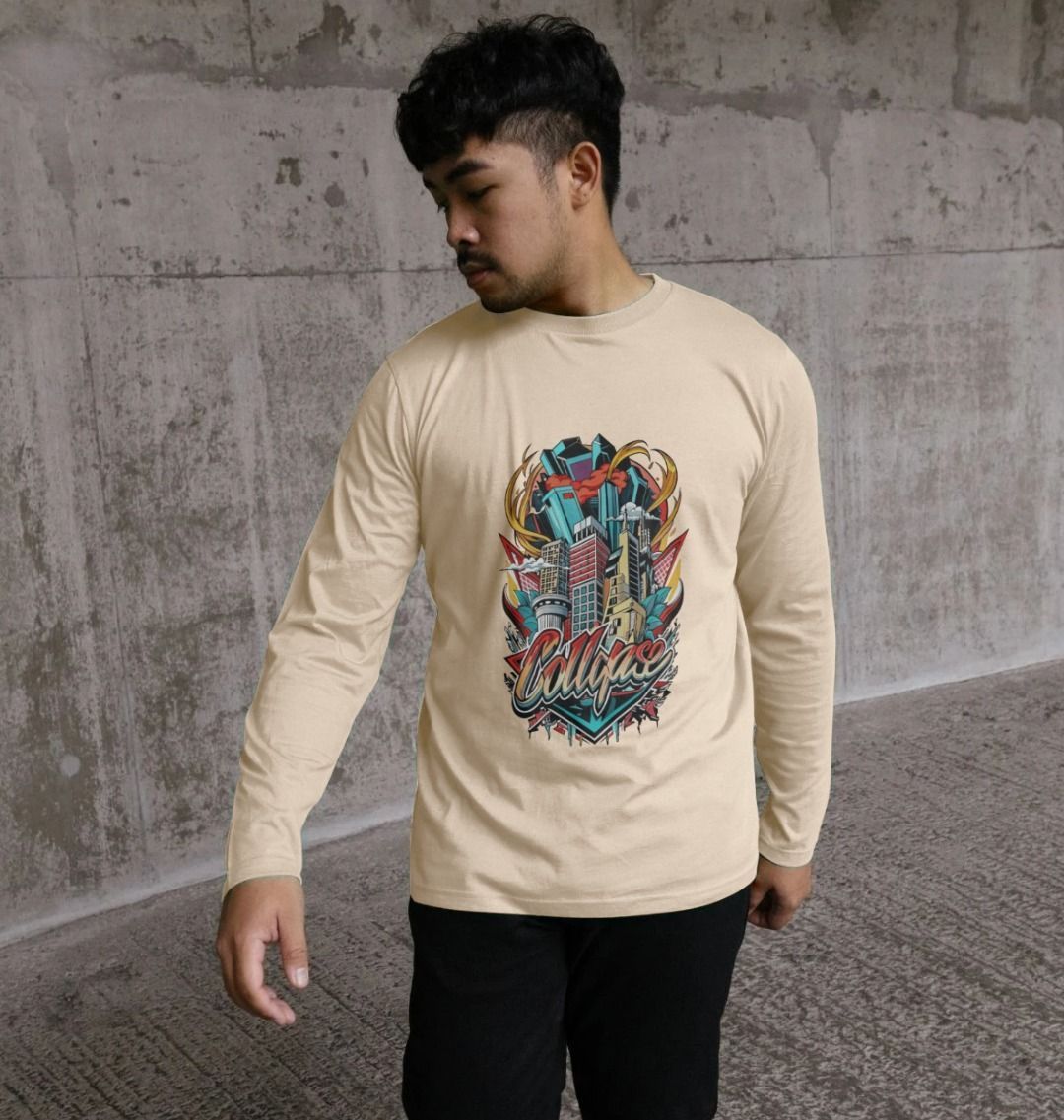 Beige long-sleeve t-shirt with cityscape graphic (person)