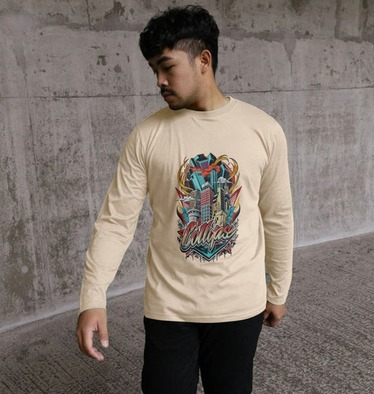 Beige long-sleeve t-shirt with cityscape graphic (person)