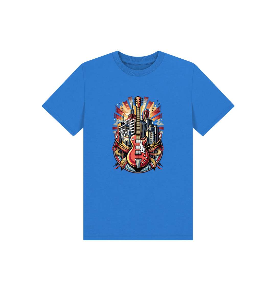 Blue t-shirt with guitar and cityscape design