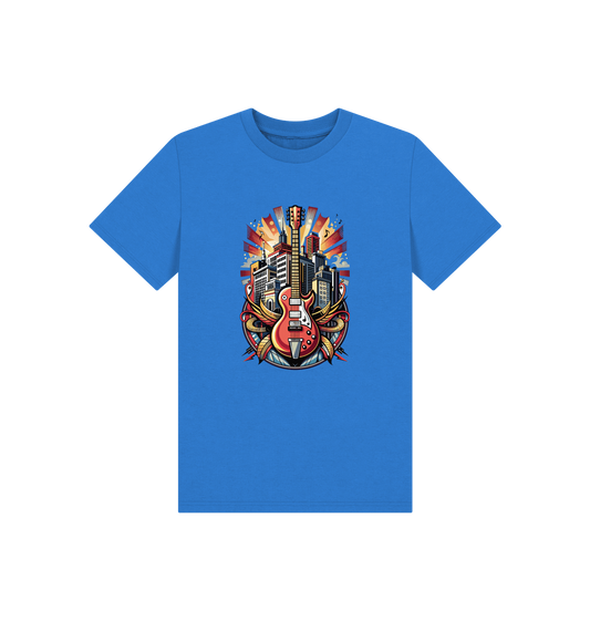 Blue t-shirt with guitar and cityscape design