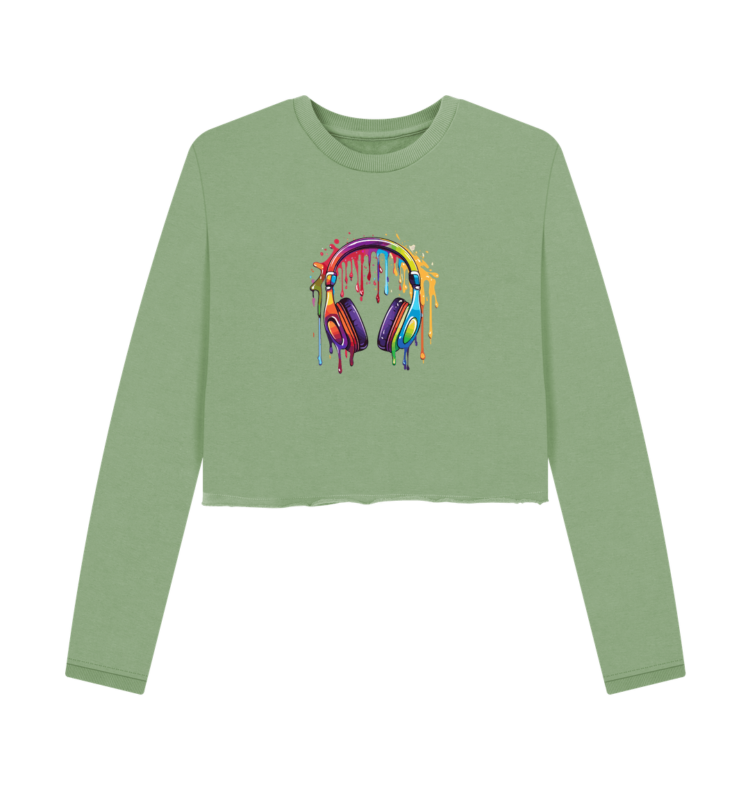Green cropped sweatshirt with colorful dripping headphones design