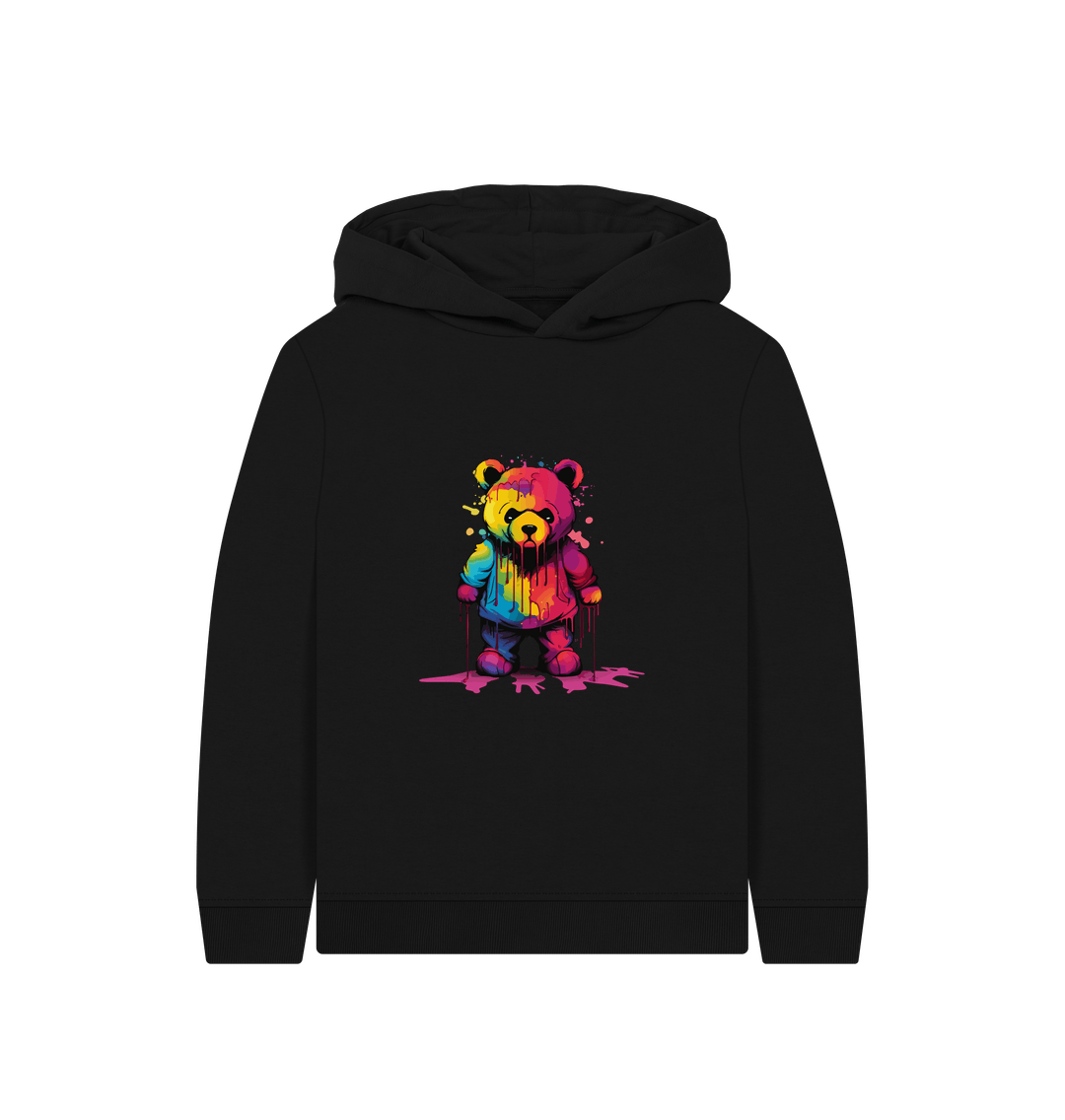 Black hoodie with colorful teddy bear graphic