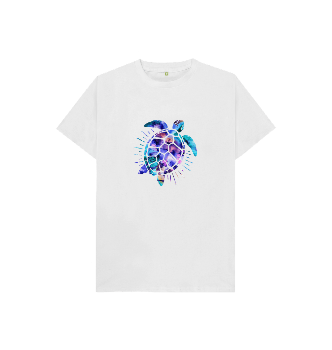 White t-shirt with colorful turtle design