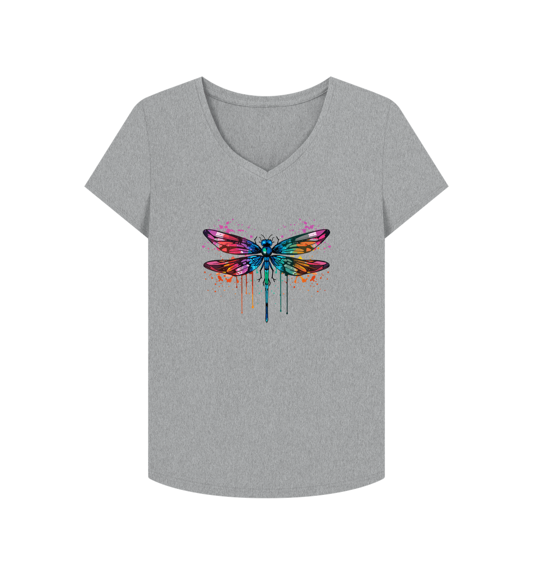 Gray V-neck t-shirt with colorful dragonfly design