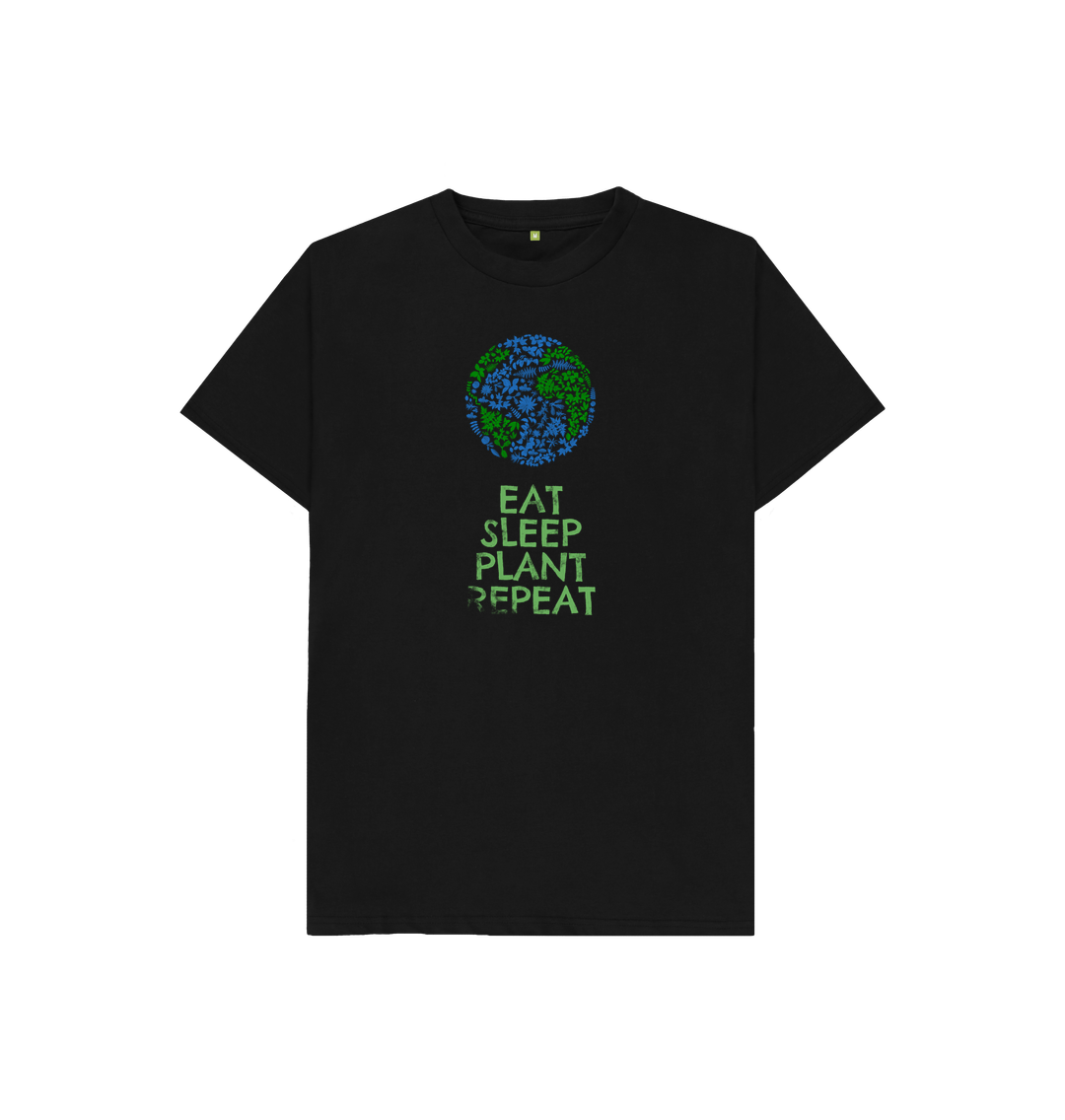 Black t-shirt with "EAT SLEEP PLANT REPEAT" text and globe design