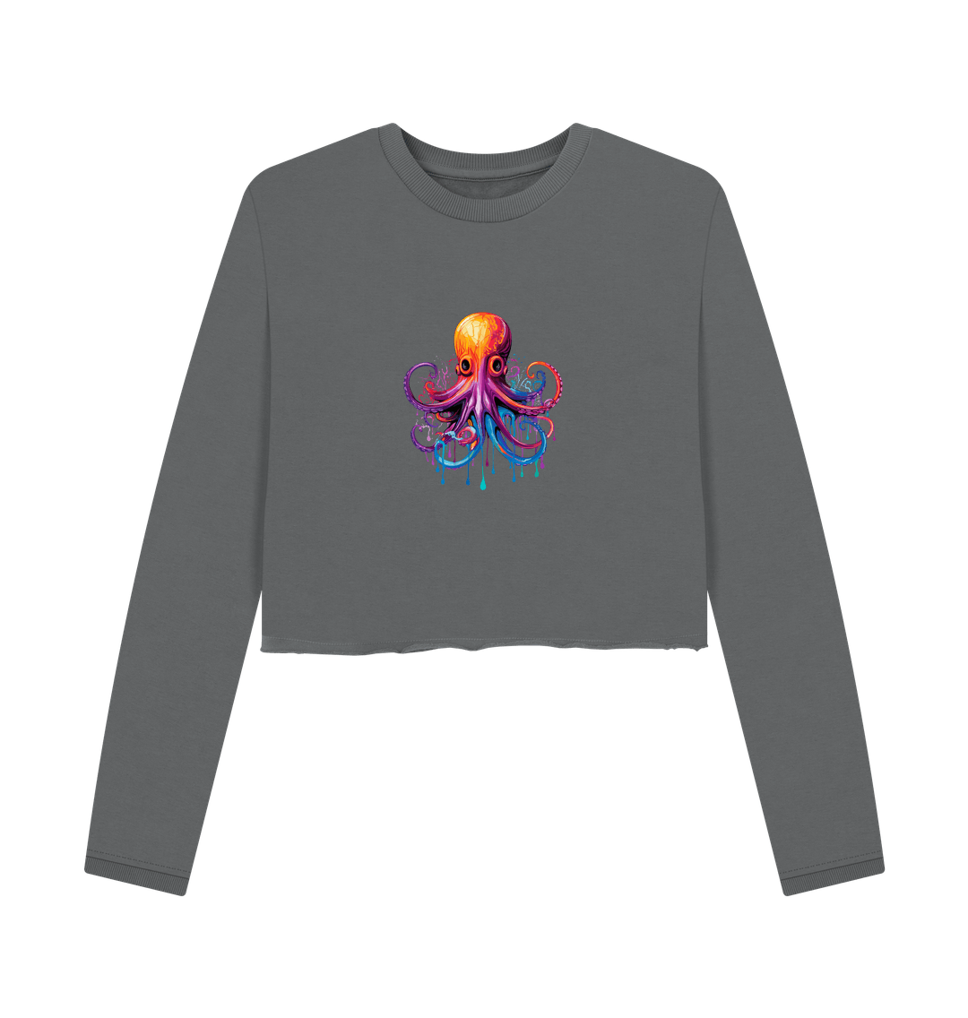 Gray cropped sweatshirt with octopus design