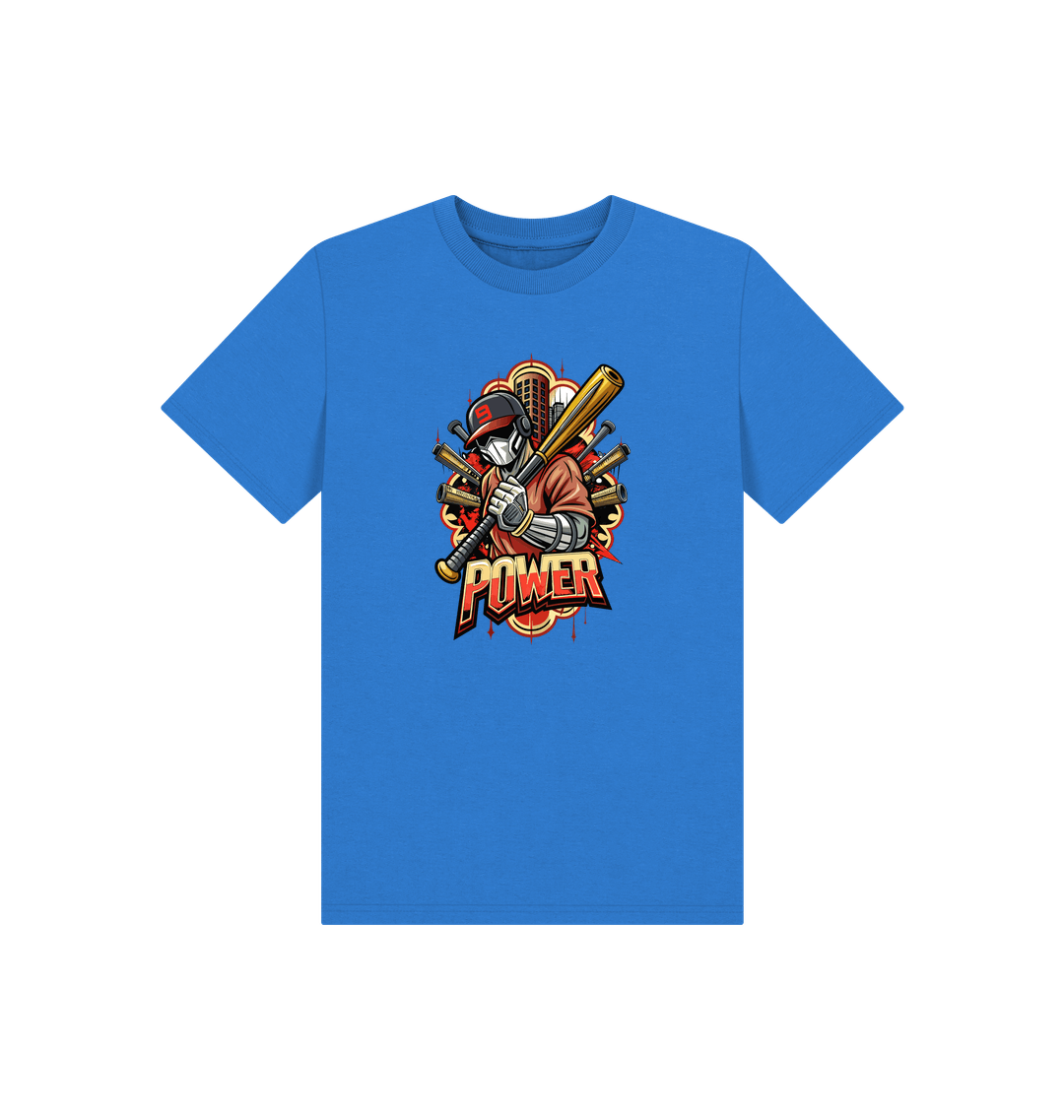 Blue t-shirt with baseball-themed graphic