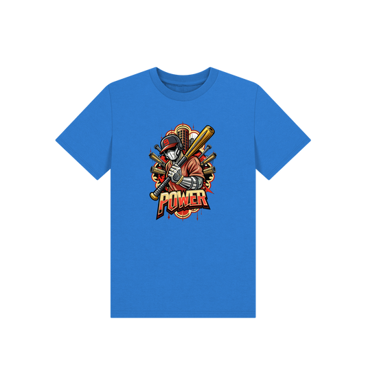 Blue t-shirt with baseball-themed graphic
