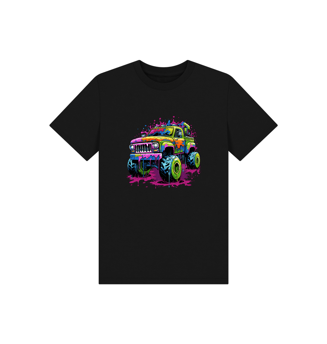 Black t-shirt with colorful monster truck graphic