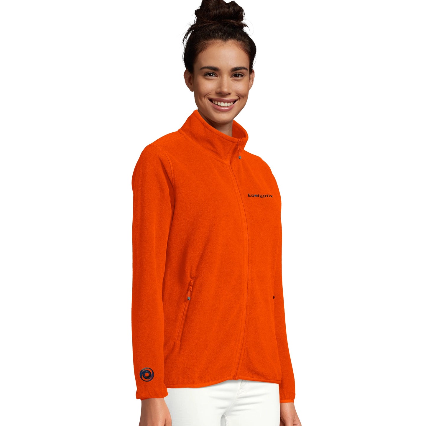 Orange fleece jacket with "EcoLyptix" logo (person)