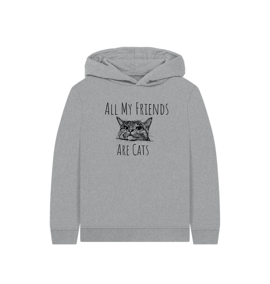 Gray hoodie with cat illustration and text