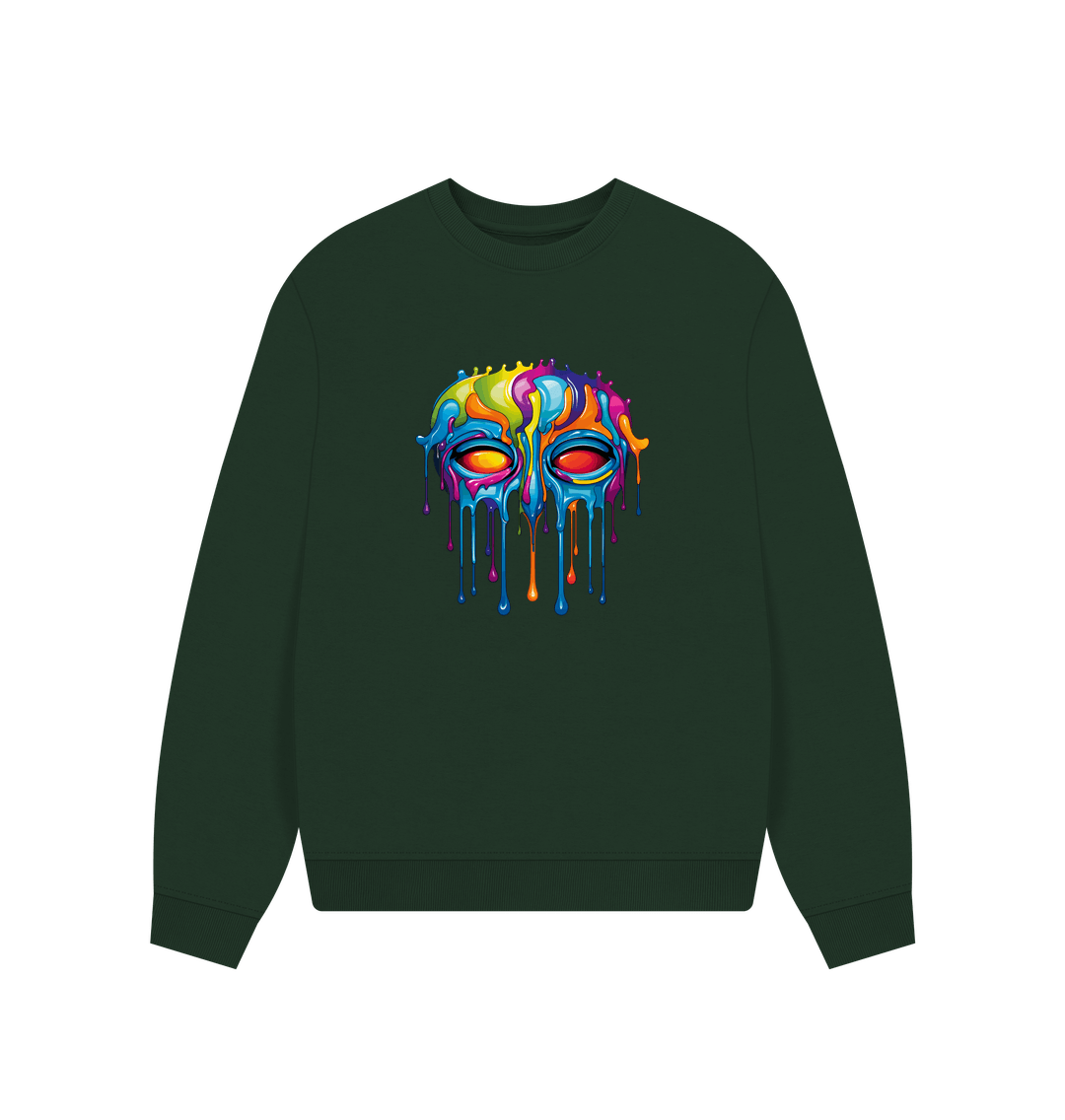 Dark green sweatshirt with colorful dripping paint design