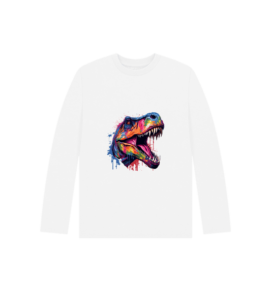 White long-sleeved t-shirt with colorful dinosaur graphic