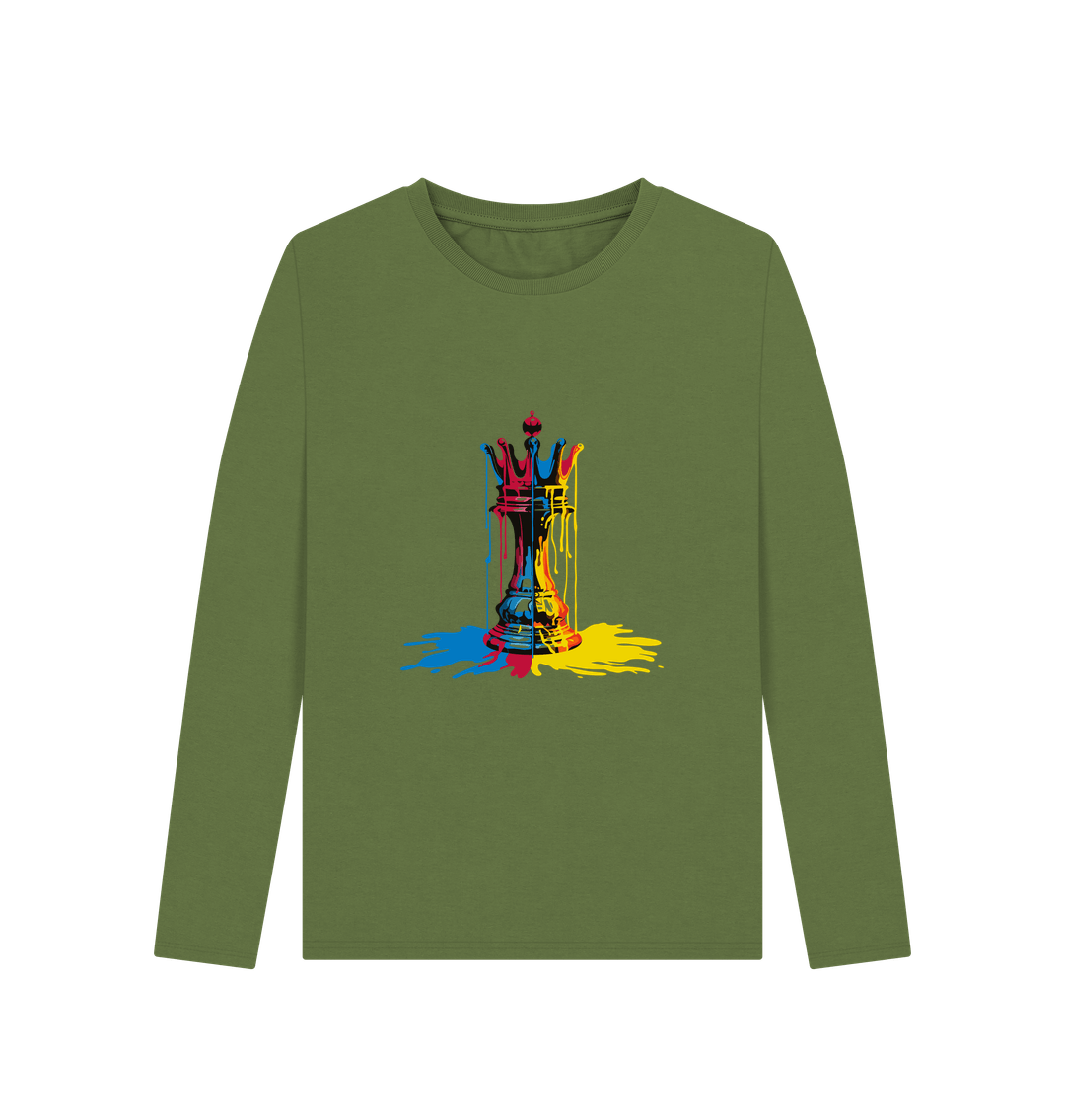 Olive green long-sleeved t-shirt with colorful chess piece graphic