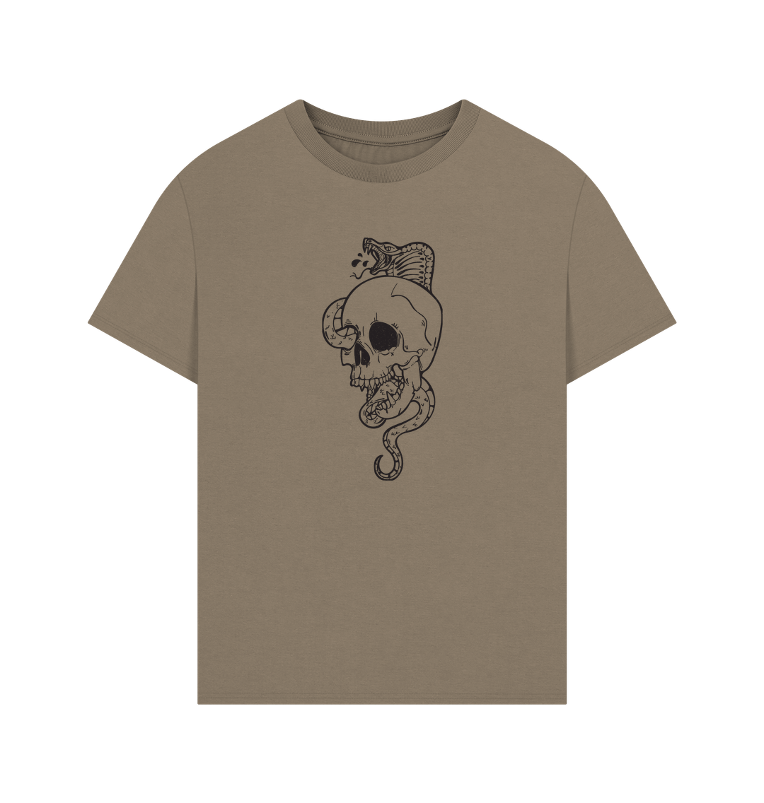 Brown t-shirt with skull and snake design