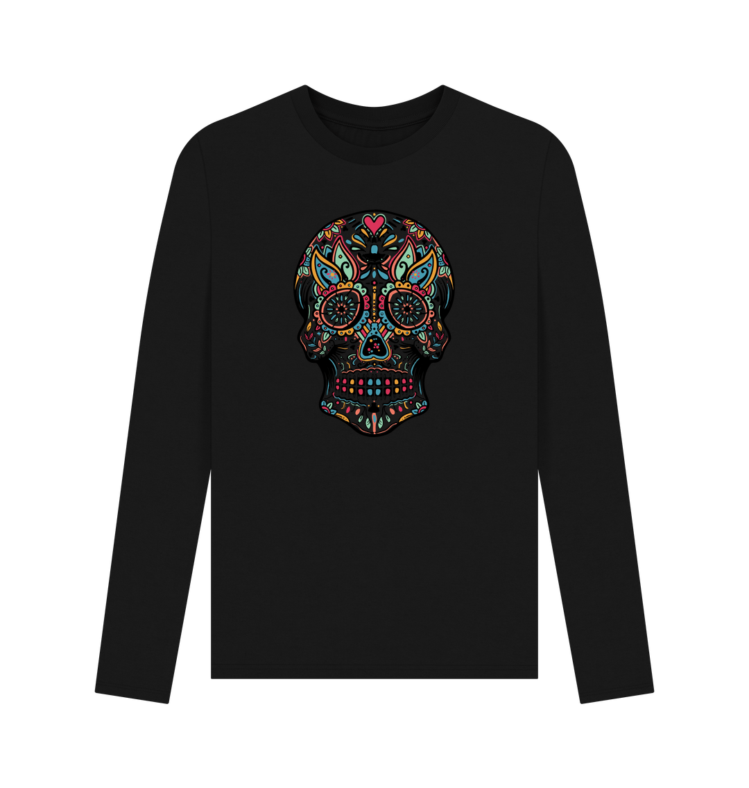 Black long-sleeved t-shirt with colorful skull design
