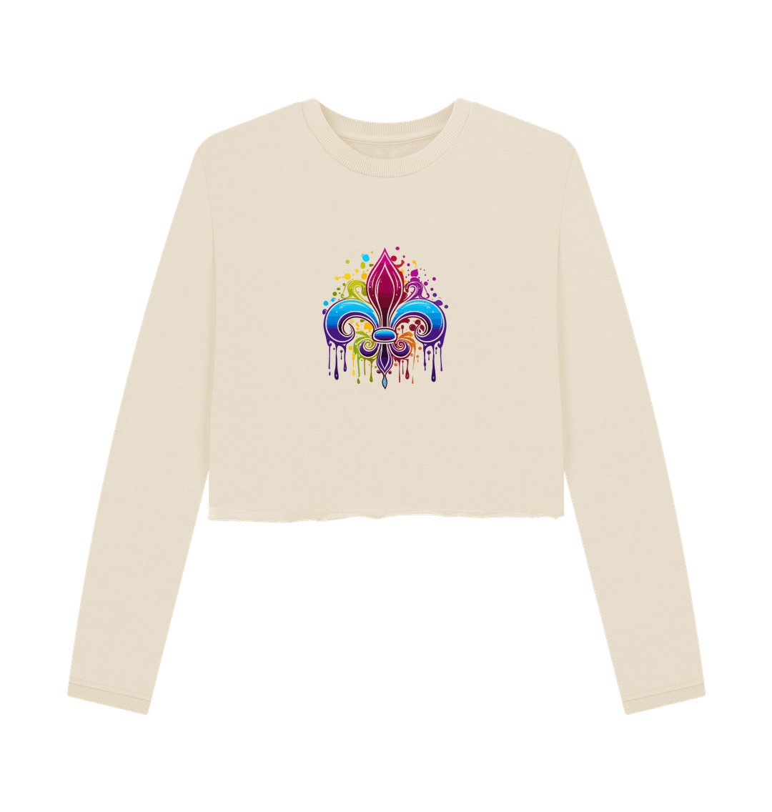Cream-colored long-sleeve sweatshirt with colorful fleur-de-lis design